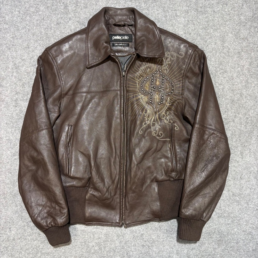 Pelle Pelle Marc Buchanan Brown Leather Embroidered Studded Bomber Jacket W 8